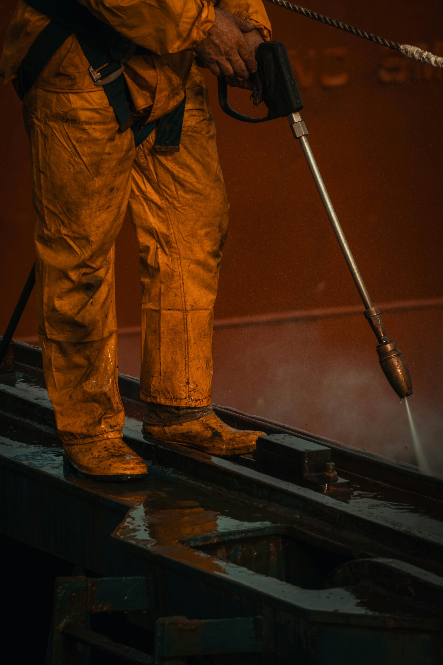 A worker in yellow safety gear uses a pressure washer on industrial equipment.